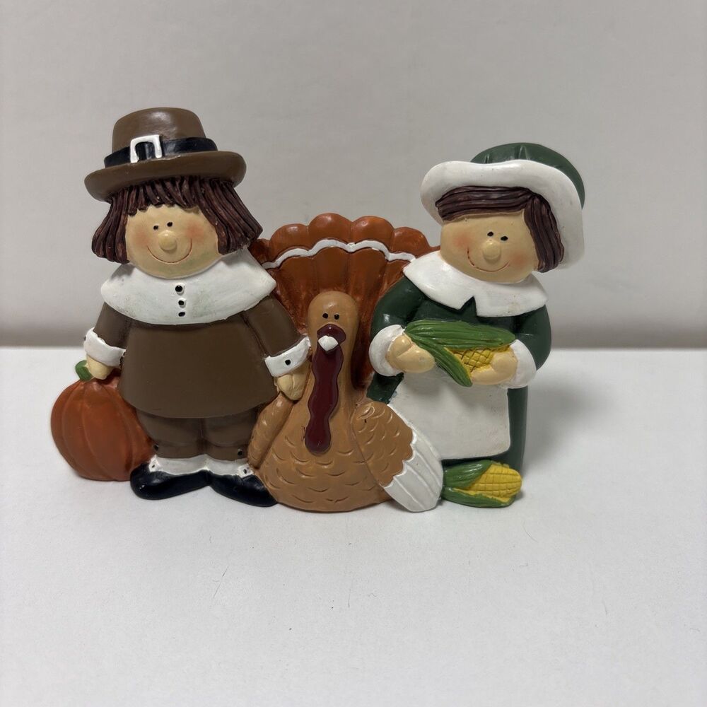 Thanksgiving Pilgrim Couple & Turkey Figurine Fall Decor